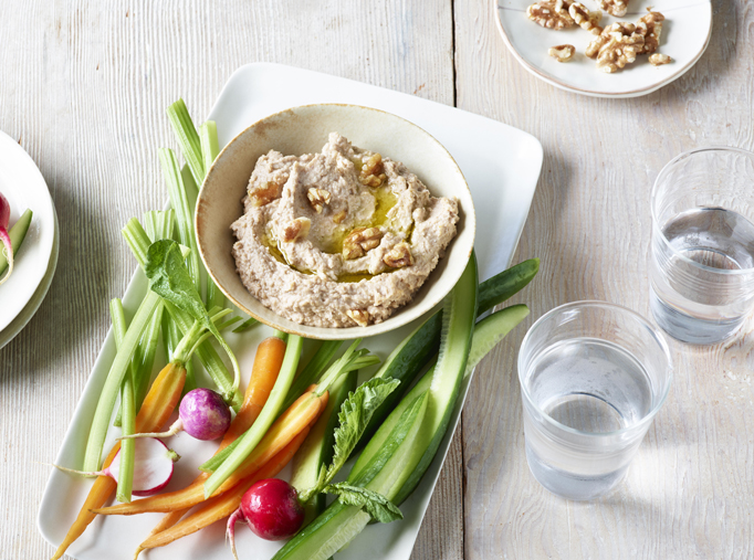 Leigh Beisch, Dan Becker, Glen Jenkins, California walnut board nuts hummus dip veggies vegetables carrots radish cucumber