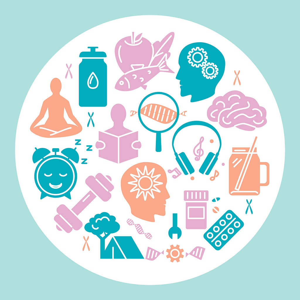 Biohacking round concept banner with icons in flat style. DIY biology theme poster. Vector illustration.